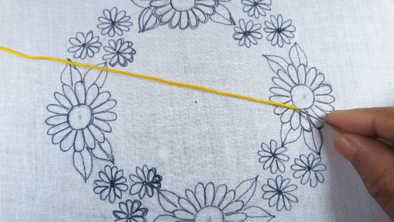 Hand embroidery, Round floral embroidery, table cloth, cushion cover design