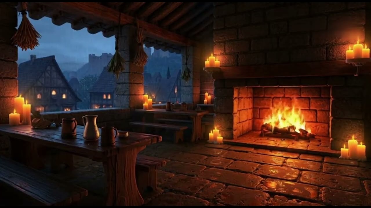 Medieval Tavern Fireplace 🔥 Warm Stone Hall Ambience | No Music | Candle & Stone