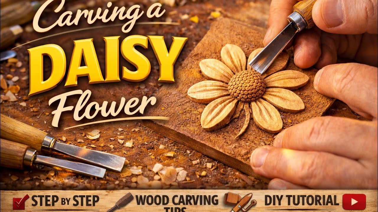 4-Petal Daisy Wood Carving | Hand Carved Flower with Chisels (Step-by-Step)