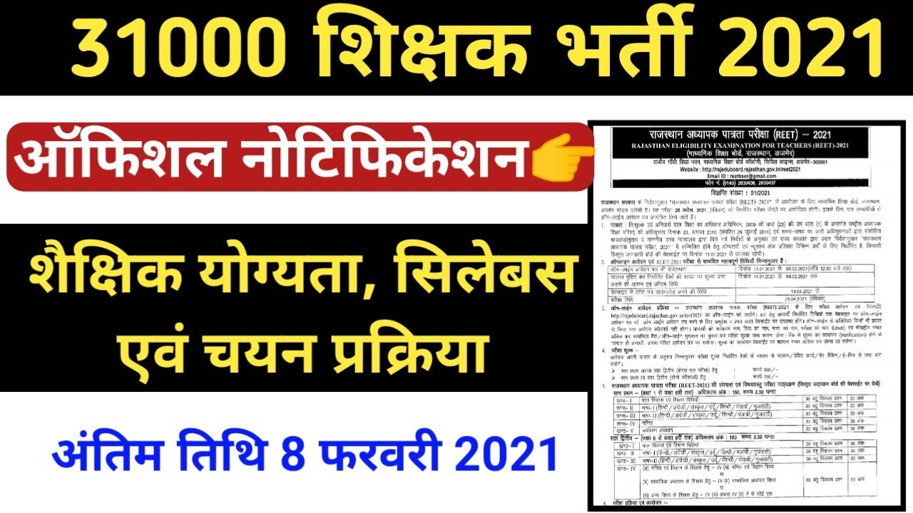 31000 Shikshak Bharti Eligibility Criteria, Syllabus, Selection Process | REET 2021 Online Form