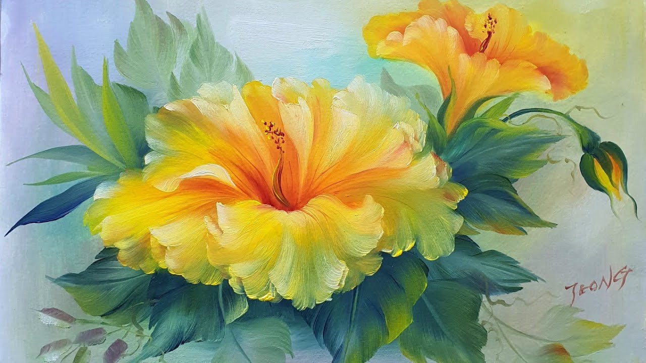 노란 히비스커스 그리기 | How to paint hibiscus | Oil painting flowers | Yellow Hibiscus