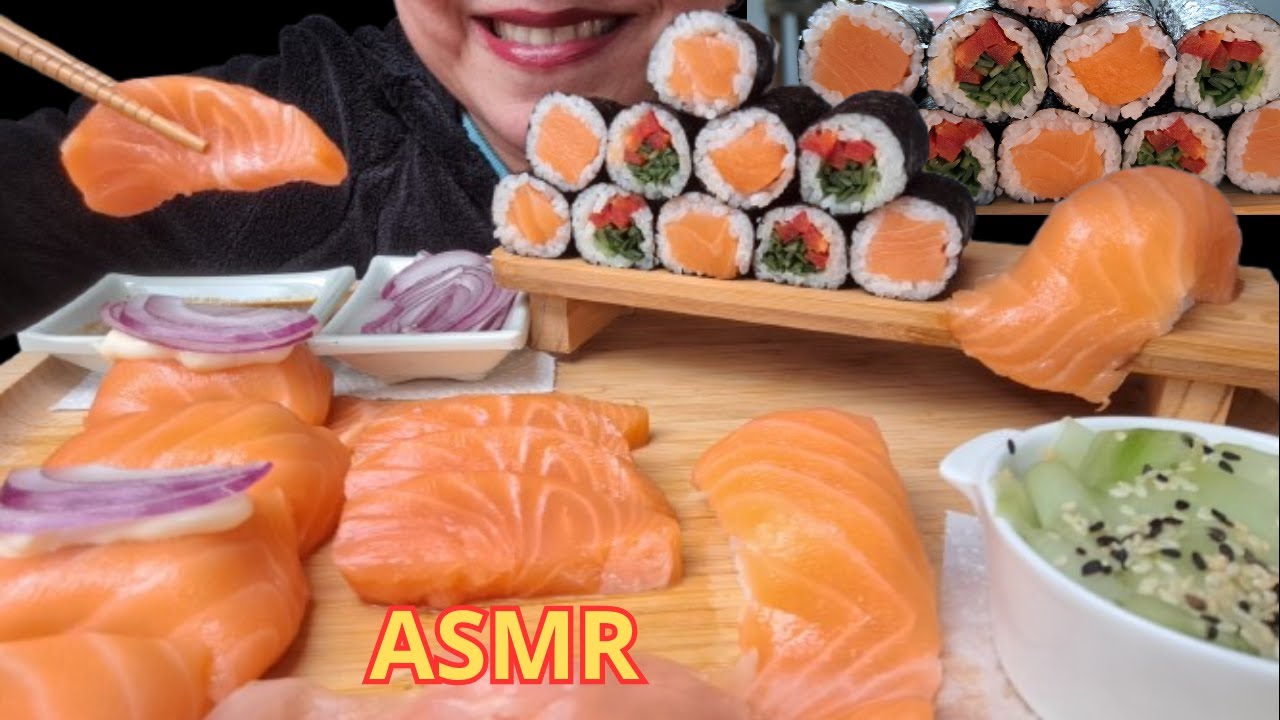 SALMON SUSHI HOMEMADE PLATTER SASHIMI NIGIRI(EATING SOUNDS)😋Sica's-ASMR