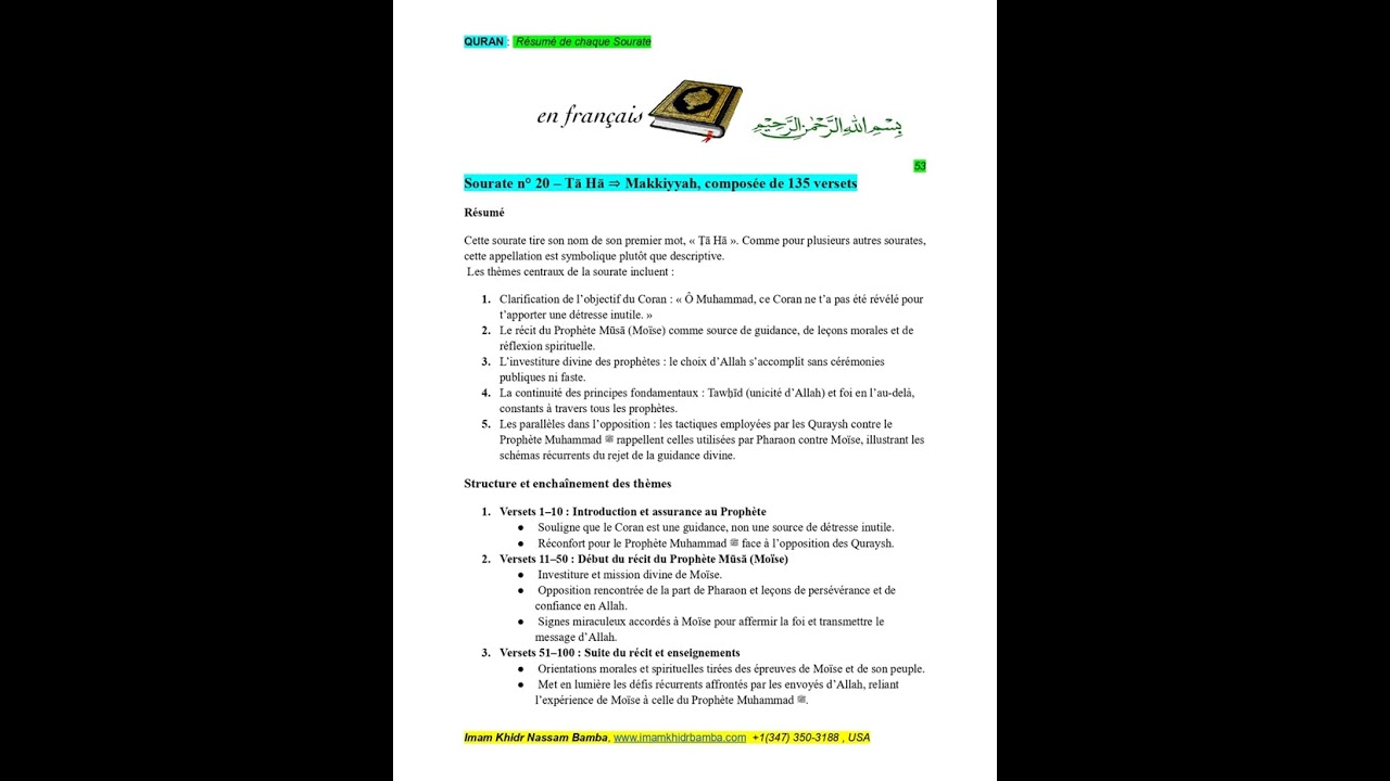 FRANCAIS_QURAN_Résume de chaque Sourah_Sourah#20 TA HA Imam Khidr Bamba www.imamkhidrbamba.com