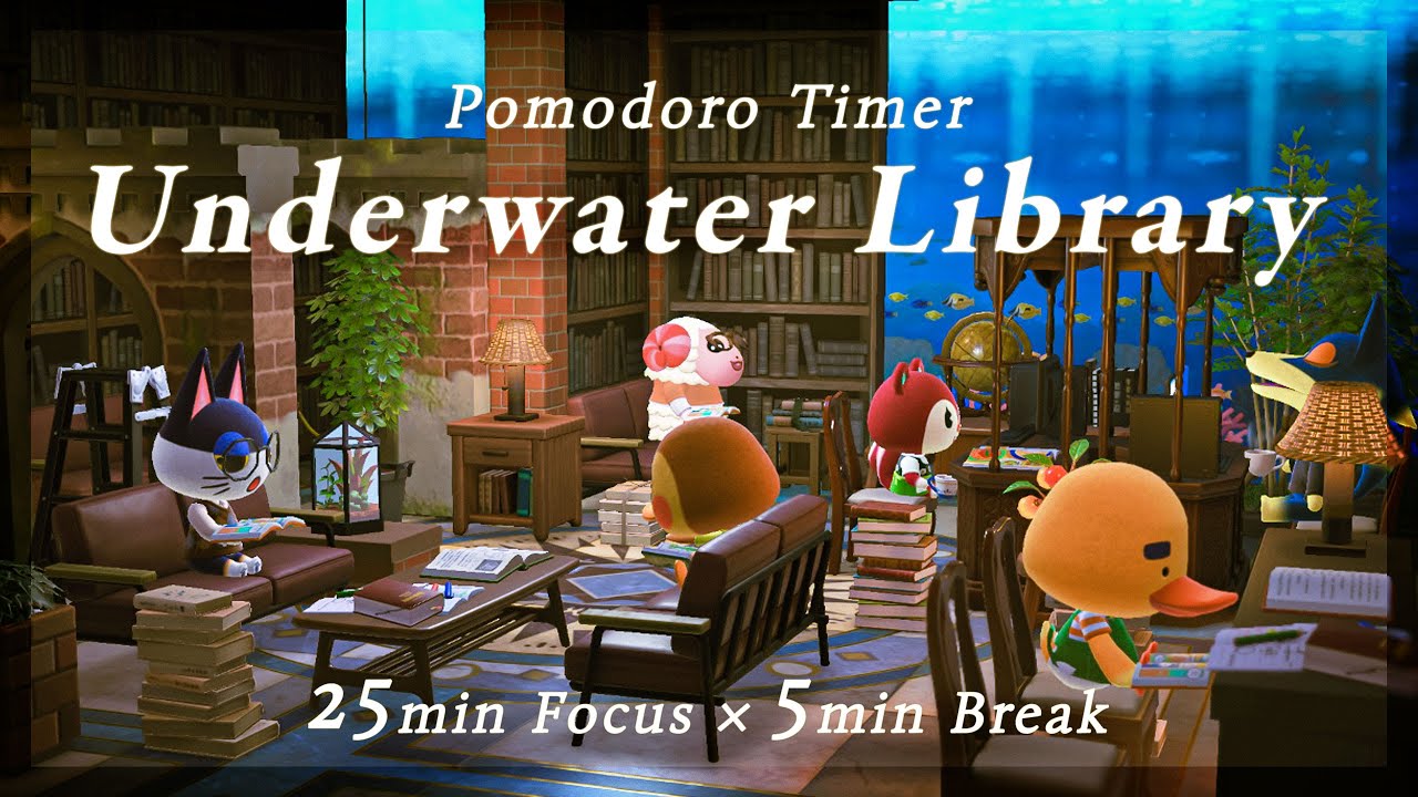 【あつ森×ポモドーロ】水中図書館で静かに集中🐟｜25分＋5分 × 4セットタイマー付き｜作業・勉強BGM＆環境音