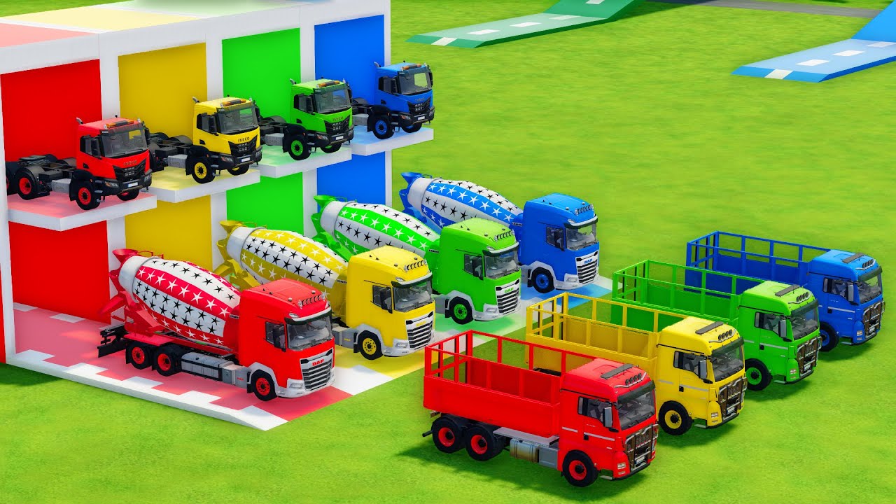 Garage with Colors - ALL MIXER TRUCK WITH DOUBLE FLATBED TRAILER TRUCK, IVECO, DAF, MAN - FS22