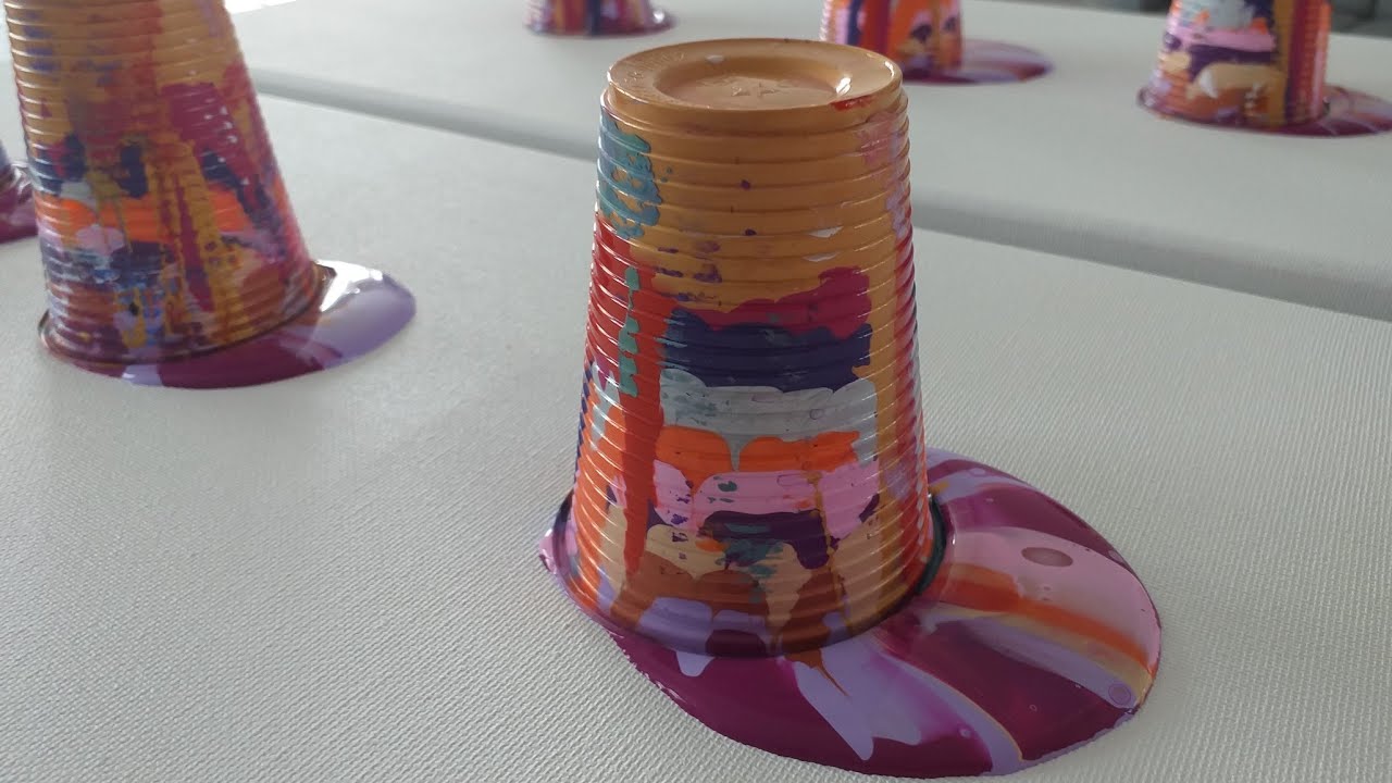 12 colour flip cup triptych, my most favourite ever painting! fluid art, acrylic paint pouring