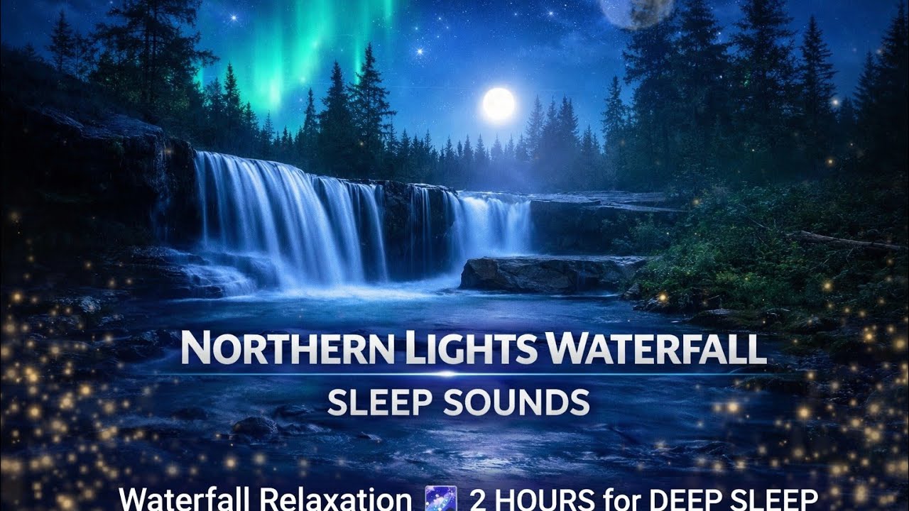 Northern Lights Waterfall 🌌 | 2 Hours Cascading Water Sounds with Relaxing Music for Sleep