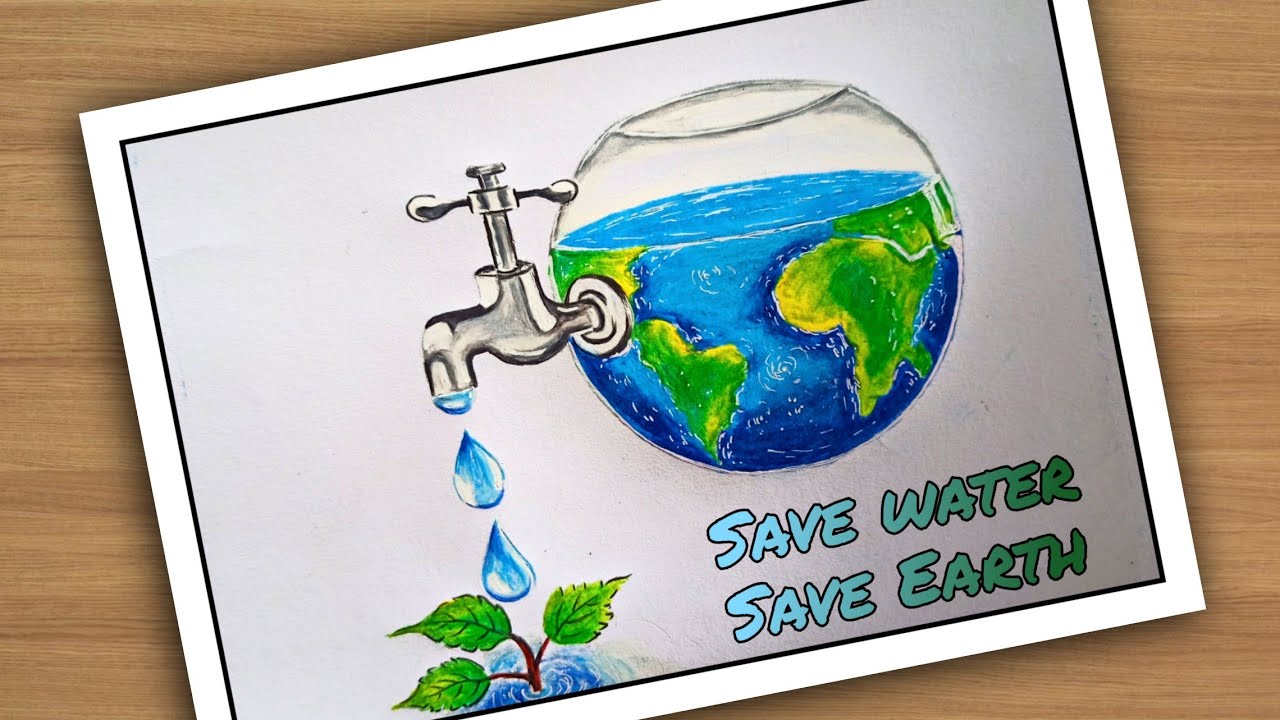 How to draw save water save earth drawing easily with oil pastel.