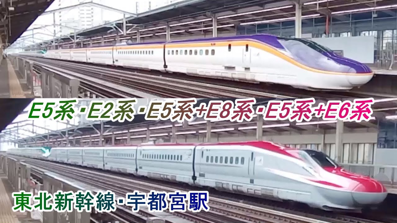 東北新幹線「宇都宮駅」にて E5系はやぶさ E5系やまび E5系はやぶさ E8系つばさ+E5系やまびこ E5系やまびこ+E8系つばさ E6系+E5系なすの E2系回送 E6系こまち+E5系はやぶさ