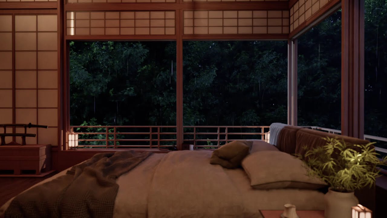 Heavy Forest Rain Outside a Japanese Room at Night 🌧️🌲 | Rain Sounds Ambience