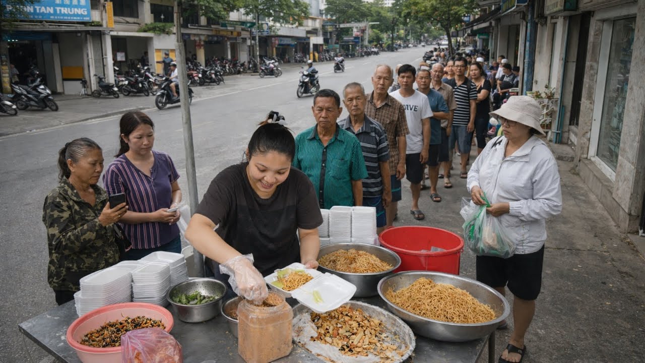 Em gái gốc Hoa xinh đẹp bán bún xào chay ăn với chả giò đông kín khách ở vỉa hè Sài Gòn
