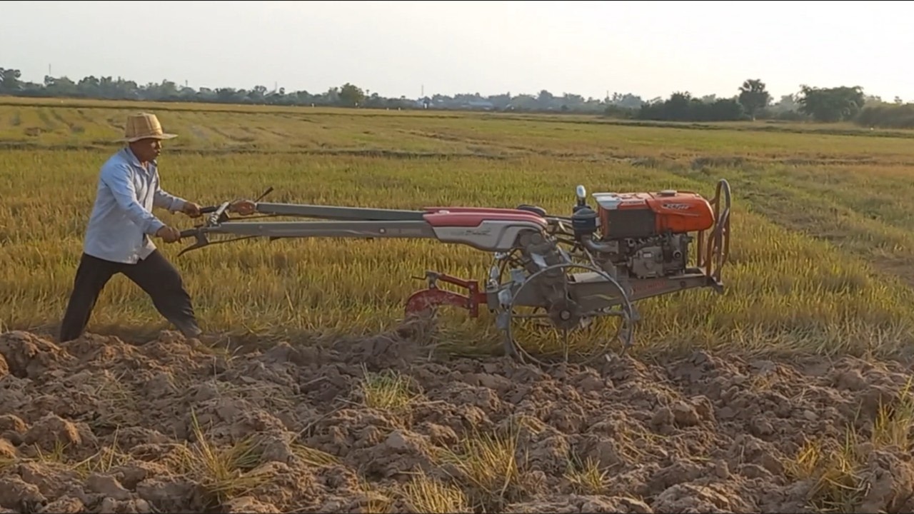Mini Tractor RT140Plus Ploughing Rice Field, Mini Kubota Cambodia Working Agriculture, Khmer Farmer