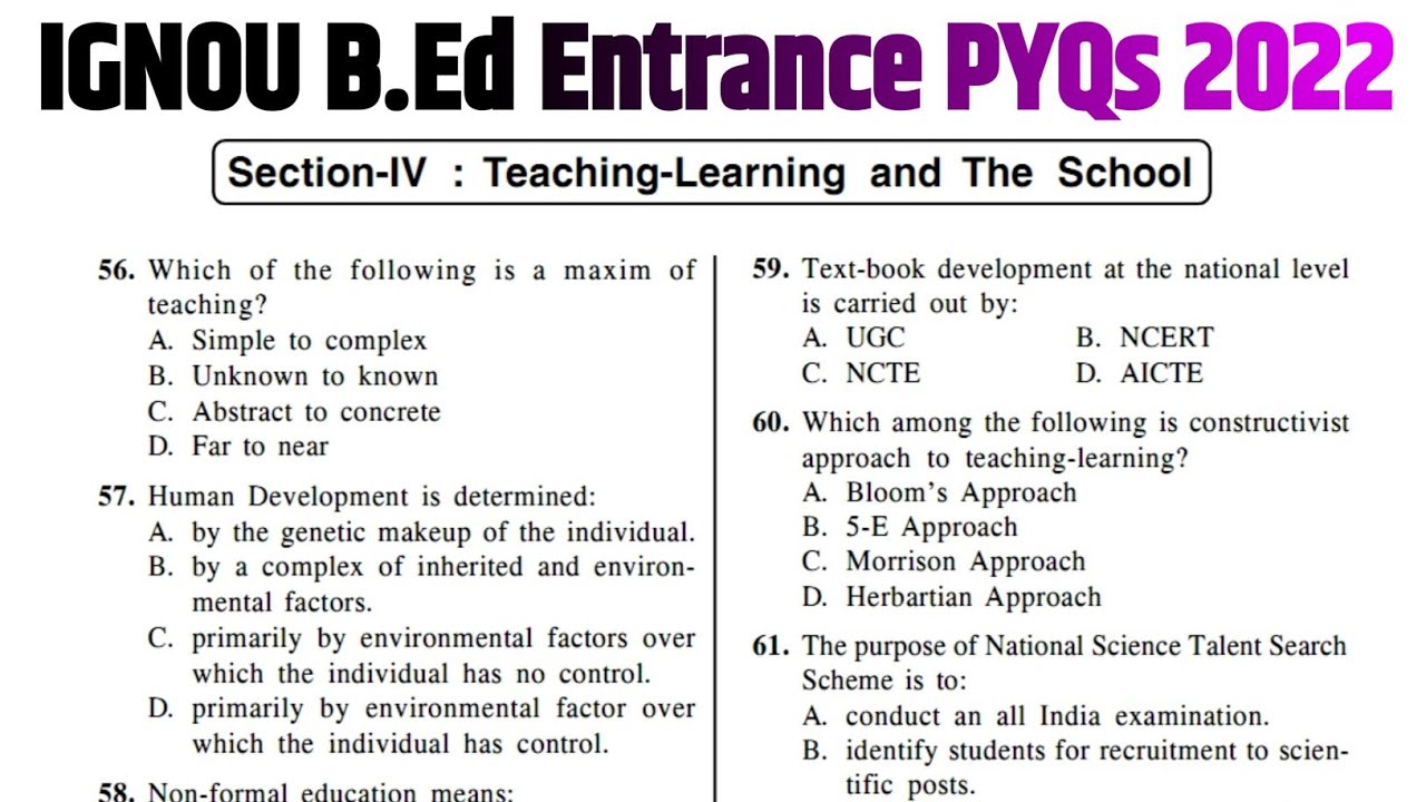 IGNOU B.Ed Entrance Exam 2022 | Teaching Learning and The School | PYQs
