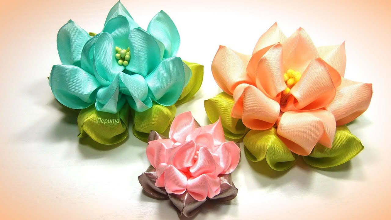 Воздушный лотос из лент, канзаши, МК / DIY satin ribbon flower, kanzashi