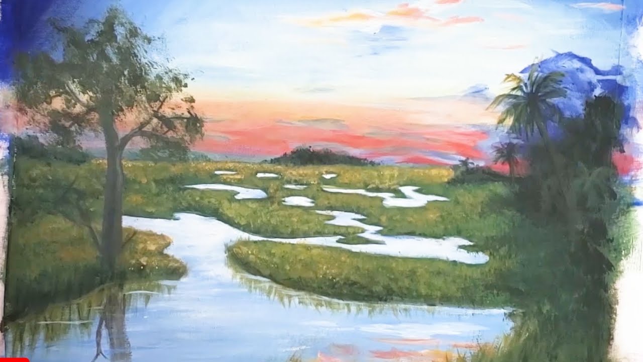 تعلم رسم المنظر الطبيعي بالوان الاكريلك (للمبتدئ والمحترف)