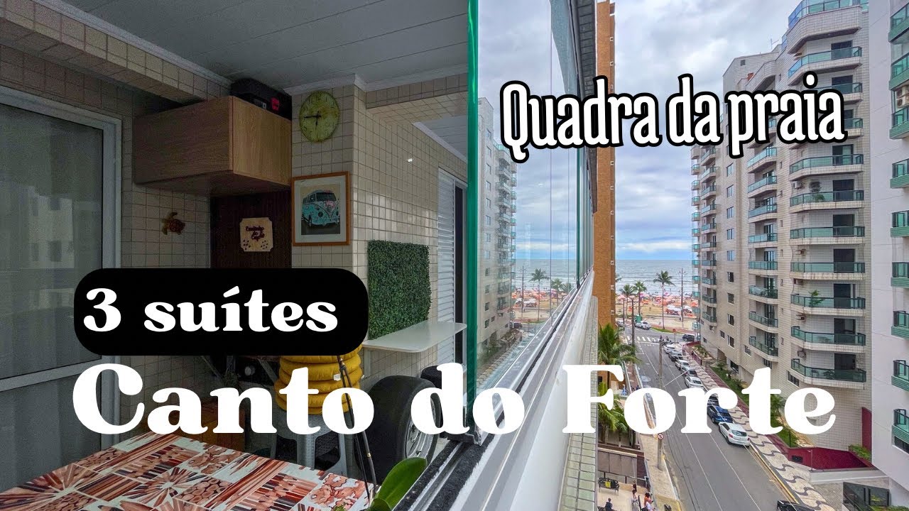 Apartamento na quadra da praia no Canto do Forte, 3 suítes, 2 vagas, piscina na cobertura