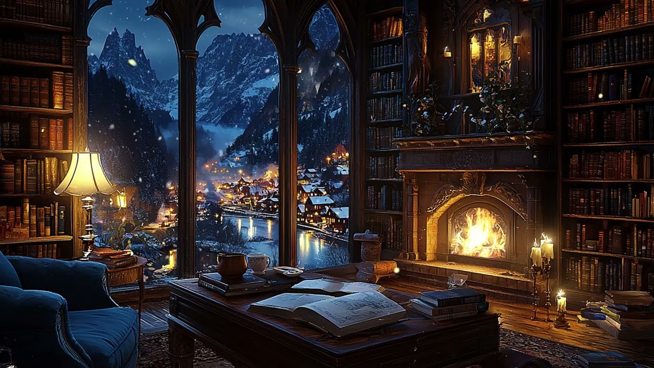 Antique Library During Winter Storm | Cozy Cabin Dark Academia for Reading Focus
