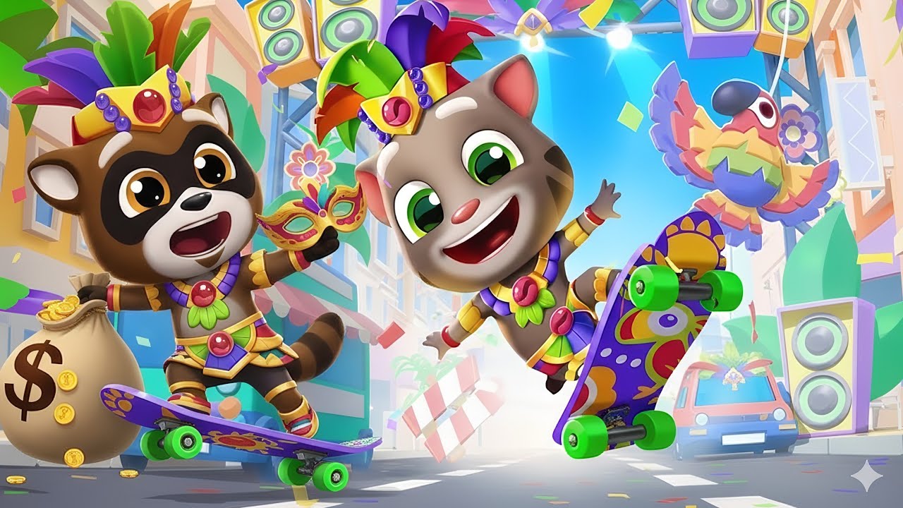 Talking Tom Gold Run Party Parade event Fiesta Tom vs Roy Raccoon Gameplay Android ios 