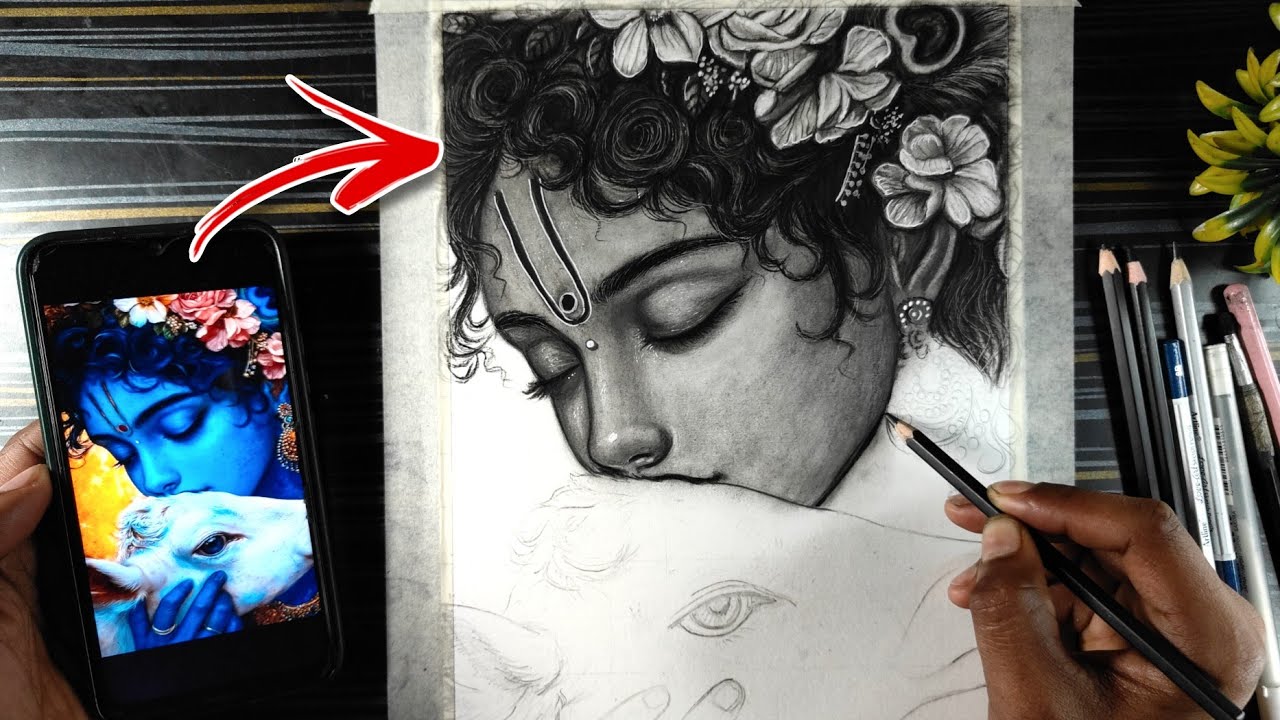 Shree Krishna Drawing Sketch😍, How To Draw Lord Krishna With Cow❤️‍🩹, Step By Step Tutorial