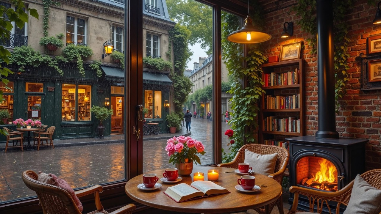 Cozy Rainy Coffee Shop Ambience ☕ Relaxing Jazz & Fireplace Sounds for Study, Work & Sleep