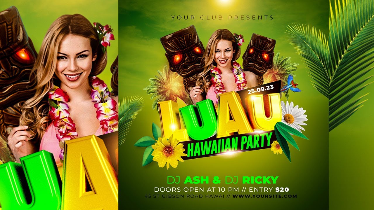 learn how to make LUAU Hawaiian party flyer | 3d title | creative design | FREE PSD