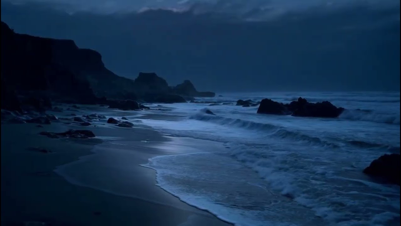 Relaxing Ocean Waves at Night for Deep Sleep | 3 Hours of Dark Beach Night Ambiance 4K