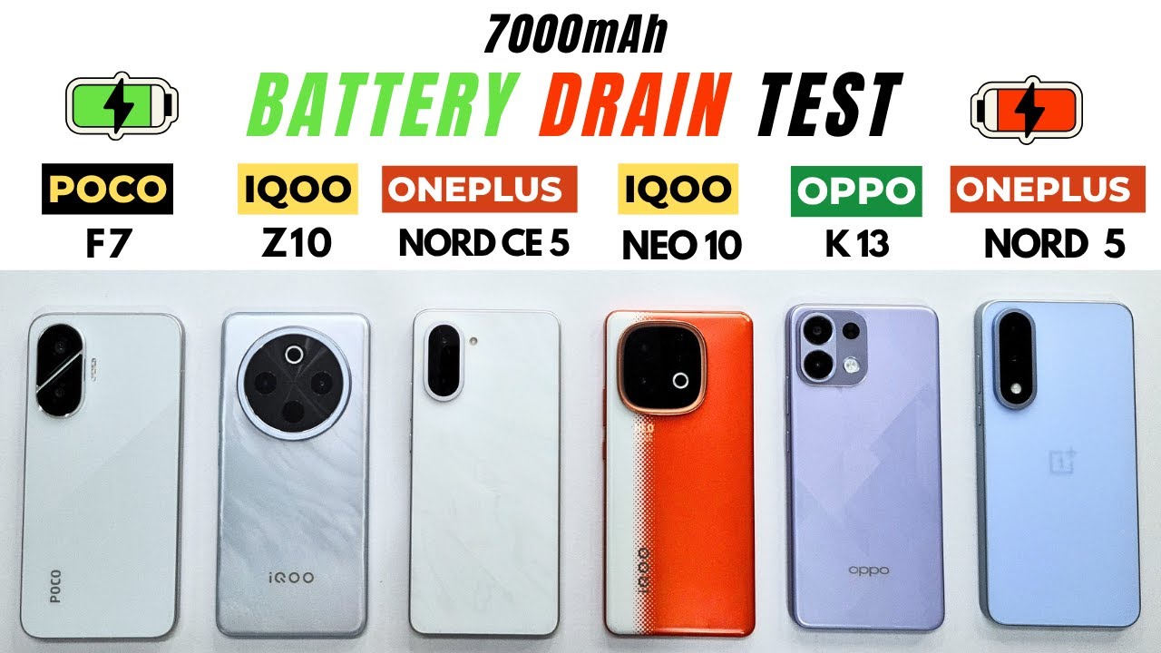 BIG BATTERY DRAIN TEST: POCO F7 vs OnePlus NORD 5 vs NORD CE 5 vs iQOO Neo10 vs iQOO Z10 vs OPPO K13