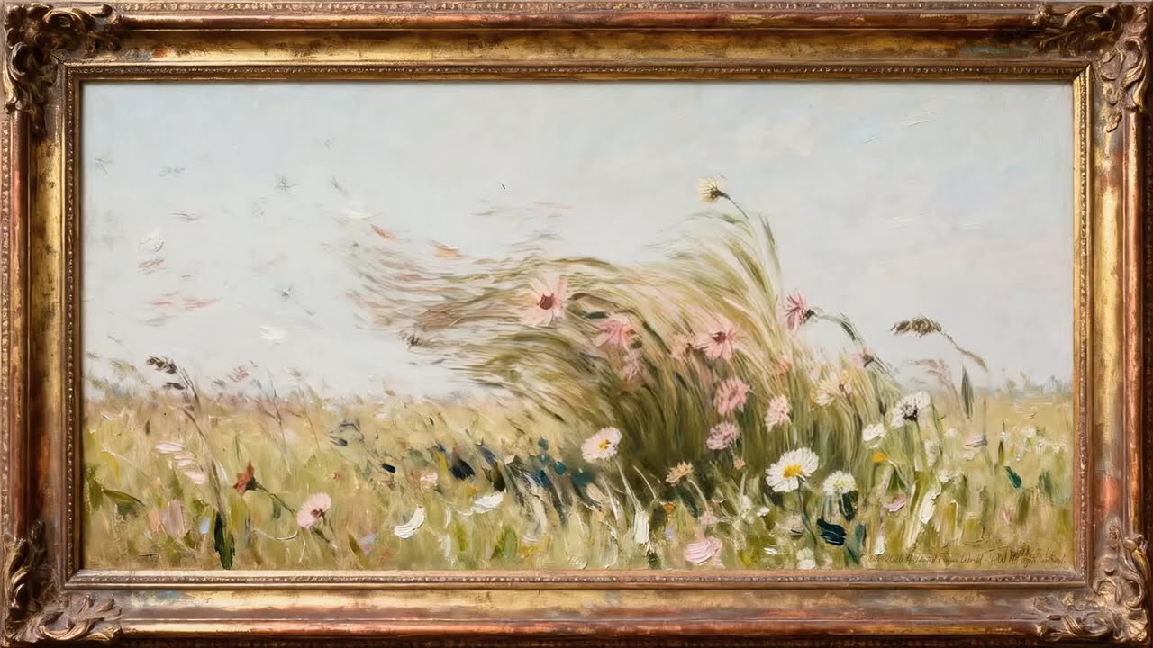 Frame TV Art , Windy Meadow,  3 HR JAZZ Relaxing Music , Animated Floral Landscape Painting ,