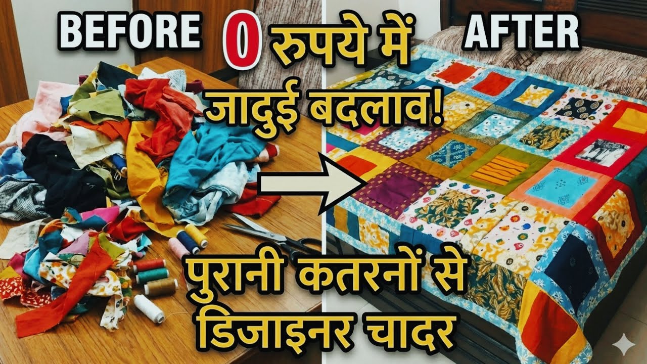 पुराने कतरनों से बनाएं डिजाइनर चादर ।। DIY Patchwork QuitDesign! #craftideas#bestoutofwaste 