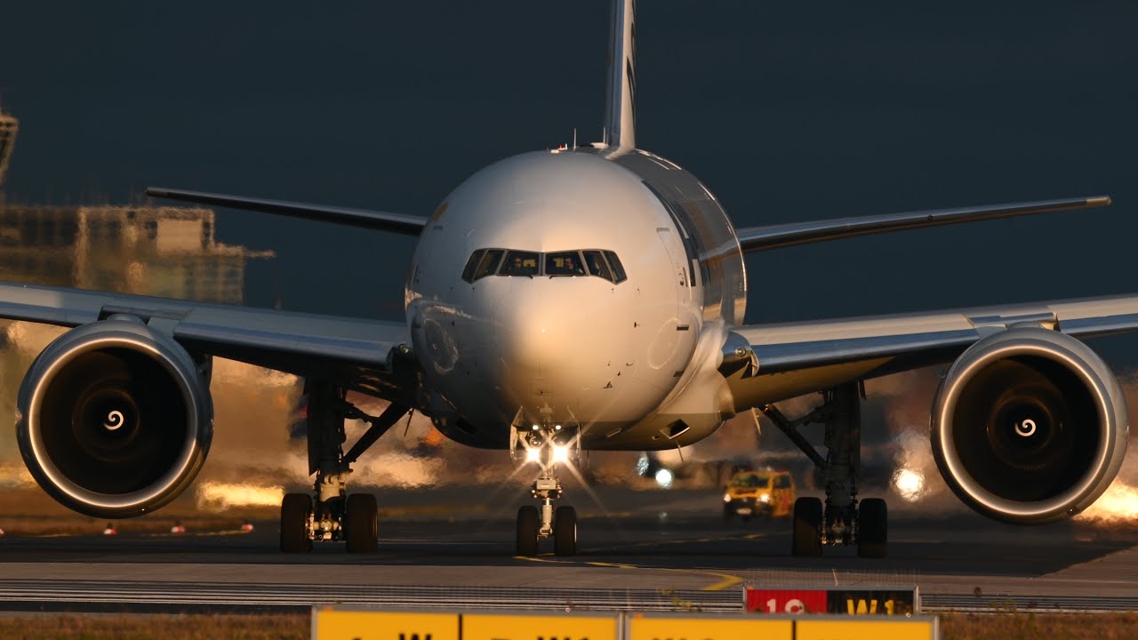 Aerologic Boeing 777F beautiful lineup and takeoff from Frankfurt Airport