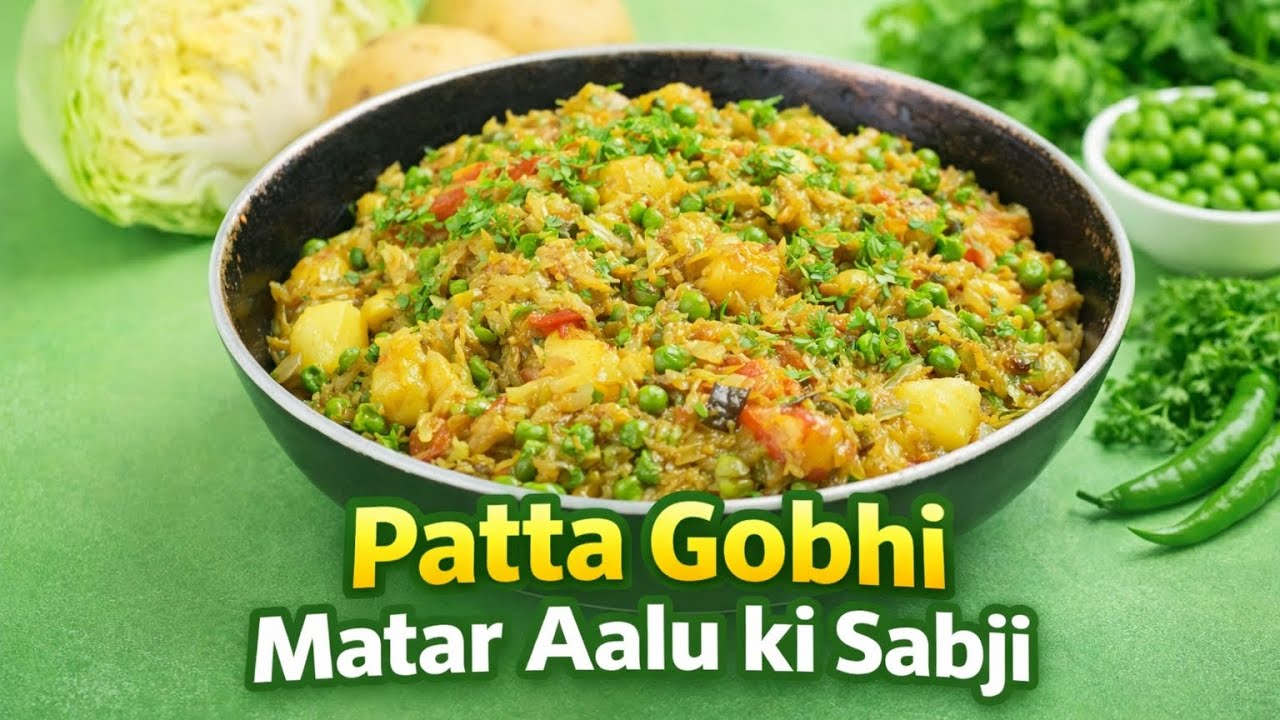 Desi style Mein Bina masale ki Patta gobhi Aalu Matar ki sabji