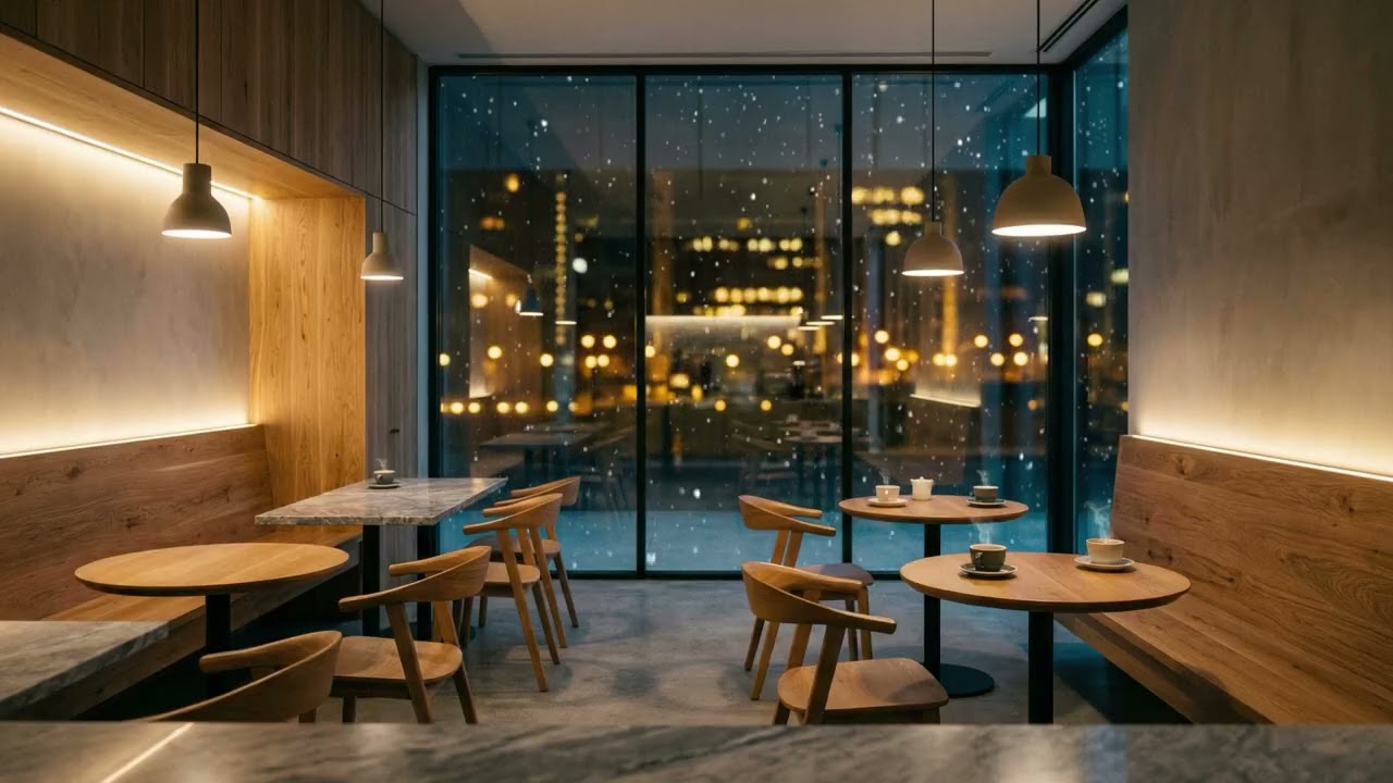 Rainy Night Café Ambience ☕ Warm Lights, Cozy Interior & City Glow