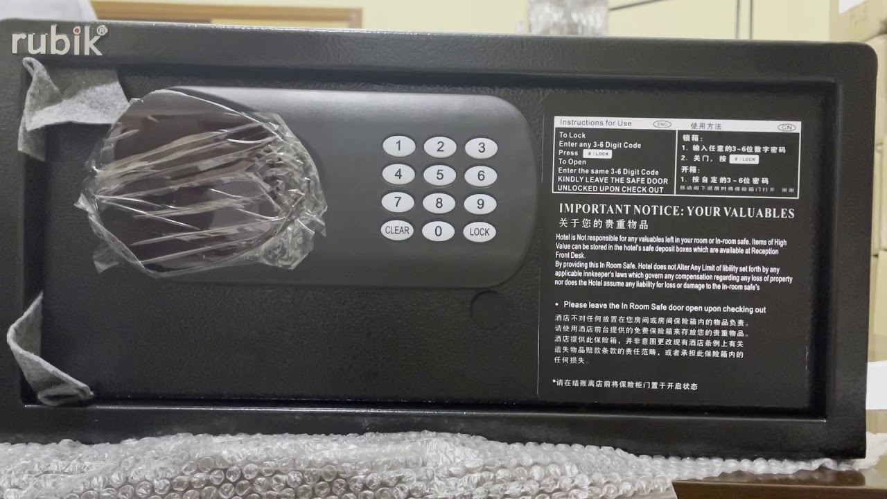 Rubik Hotel Safe Box RB-2042 How to Open, Set & Change Pin Code Password and Unlock Using Keys