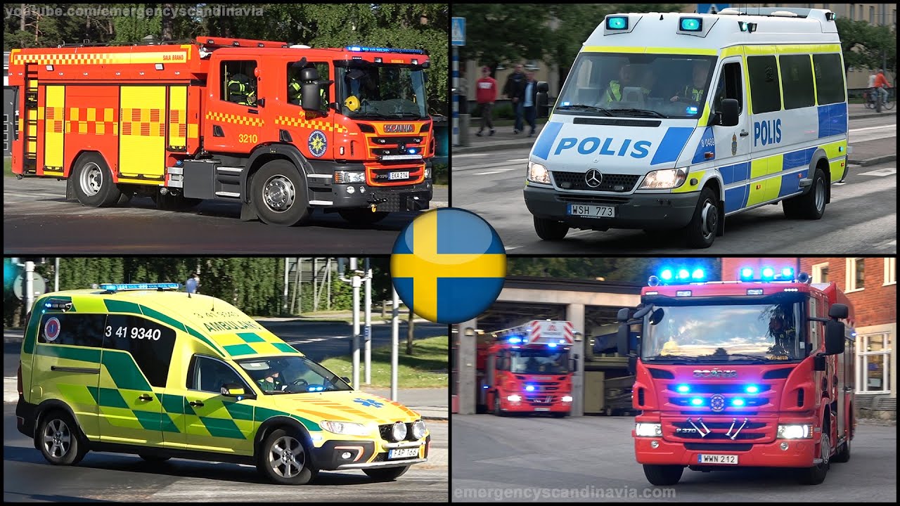 🔵 Fire Trucks, Police Cars and Ambulances responding with lights and siren in Sweden (collection)