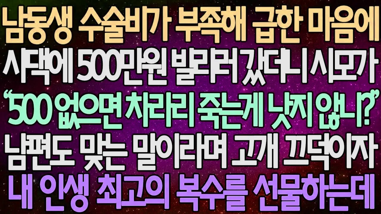 (반전 사연) 남동생 수술비가 부족해 급한 마음에 시댁에 500만원 빌리러 갔더니 시모가 남편도 맞는 말이라며 고개 끄덕이자 내 인생 최고의 복수를 선물하는데 /사이다사연