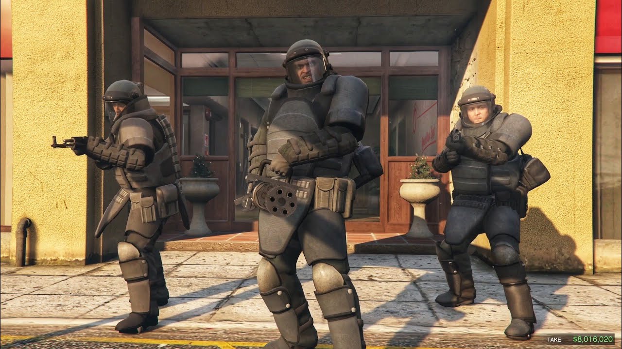 GTA 5 Bank Heist | The Paleto Score Mission Juggernaut Suit Trevor Franklin And Michael