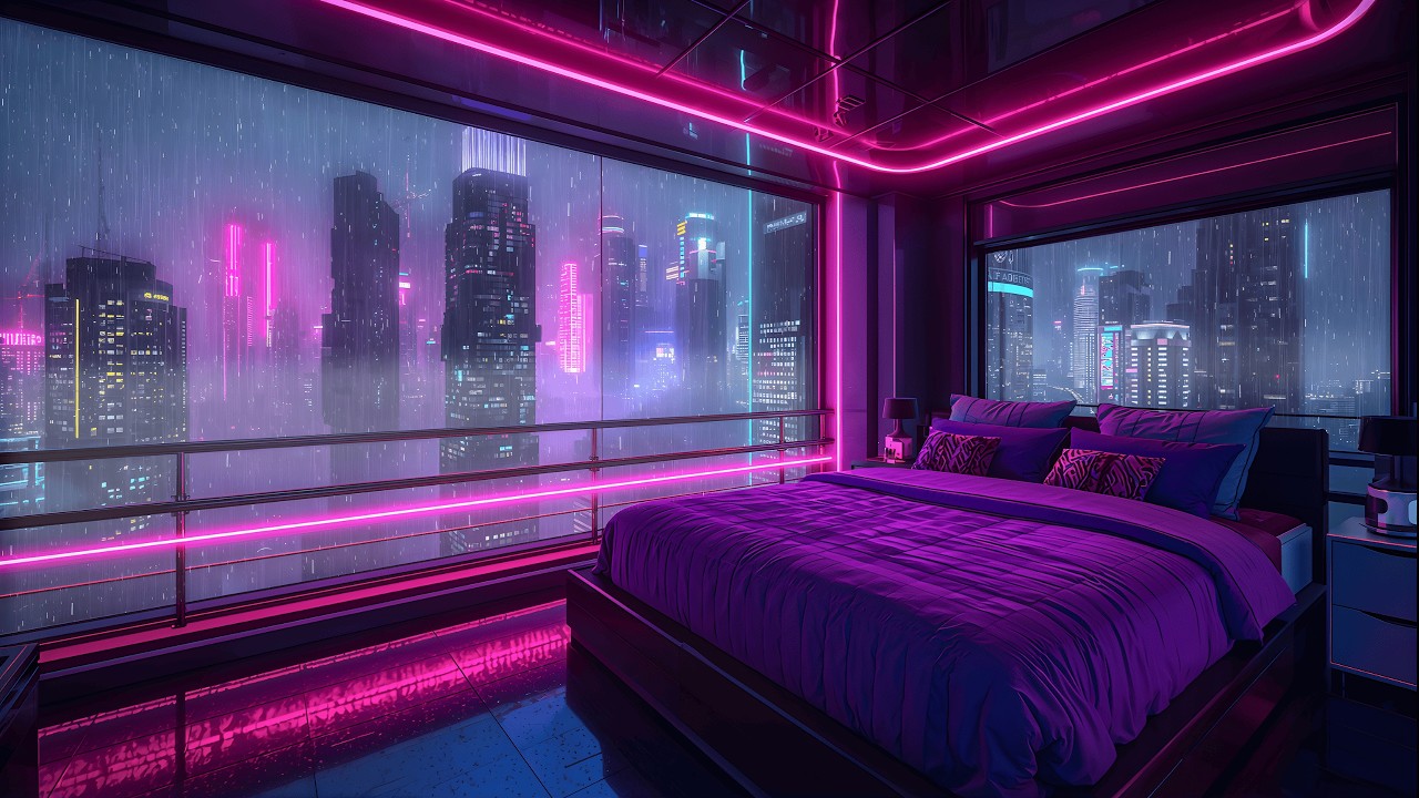 Lofi Rainy Nights 🌧️ – Cyberpunk Neon Skyline Bedroom Vibes place for Study & Sleep | 4K