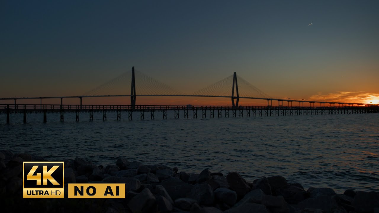 Golden Hour at Ravenel Bridge | 3 Hour Sunset Ambience | Charleston SC 4K (No AI)
