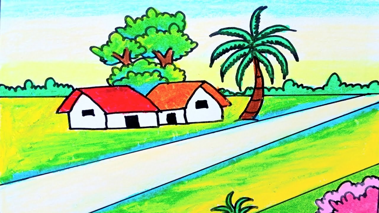 Easy landscape drawing for kids and beginners|Learn house and nature simple painting|Nature scenery 