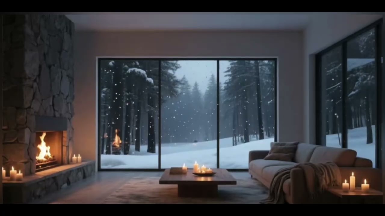 Cozy Fireplace Ambience 🔥 Snow Falling Outside | 3 Hours Relaxing Piano for Study, Sleep & Focus