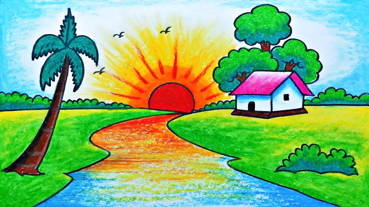 BEAUTIFUL SUNRISE SCENERY DRAWING | HOW TO DRAW EASY NATURE SCENERY DRAWING