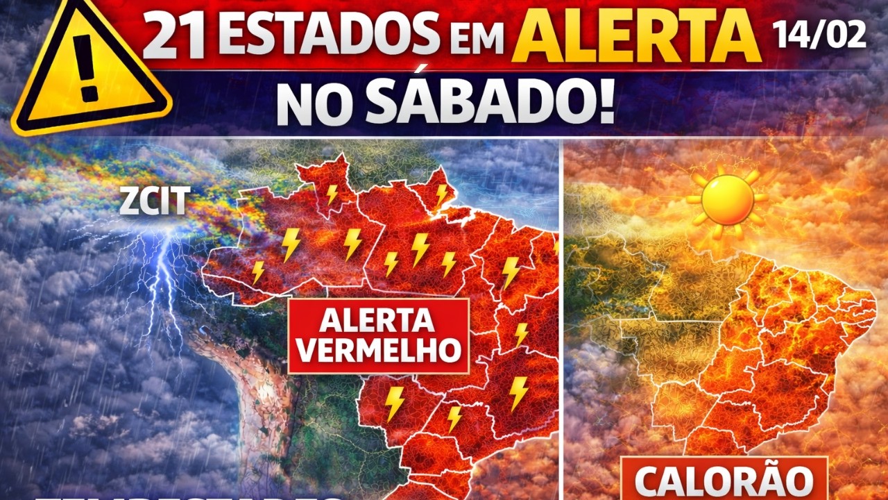 ⚠️ 21 Estados em Alerta neste Sábado (14/02)! Tempestades extremas no Sul