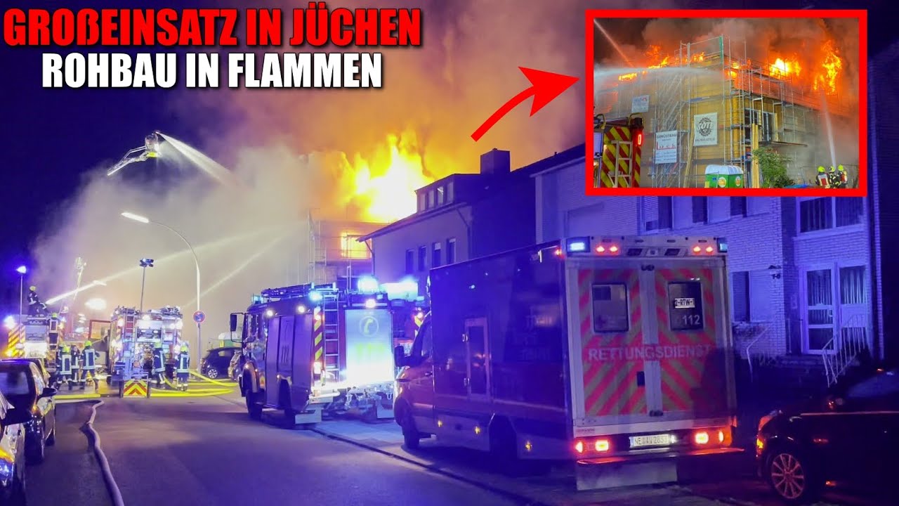 [ROHBAU EINES MEHRFAMILIENHAUSES IN FLAMMEN!] - Massiver Löschangriff ~ Stadtalarm Feuerwehr Jüchen