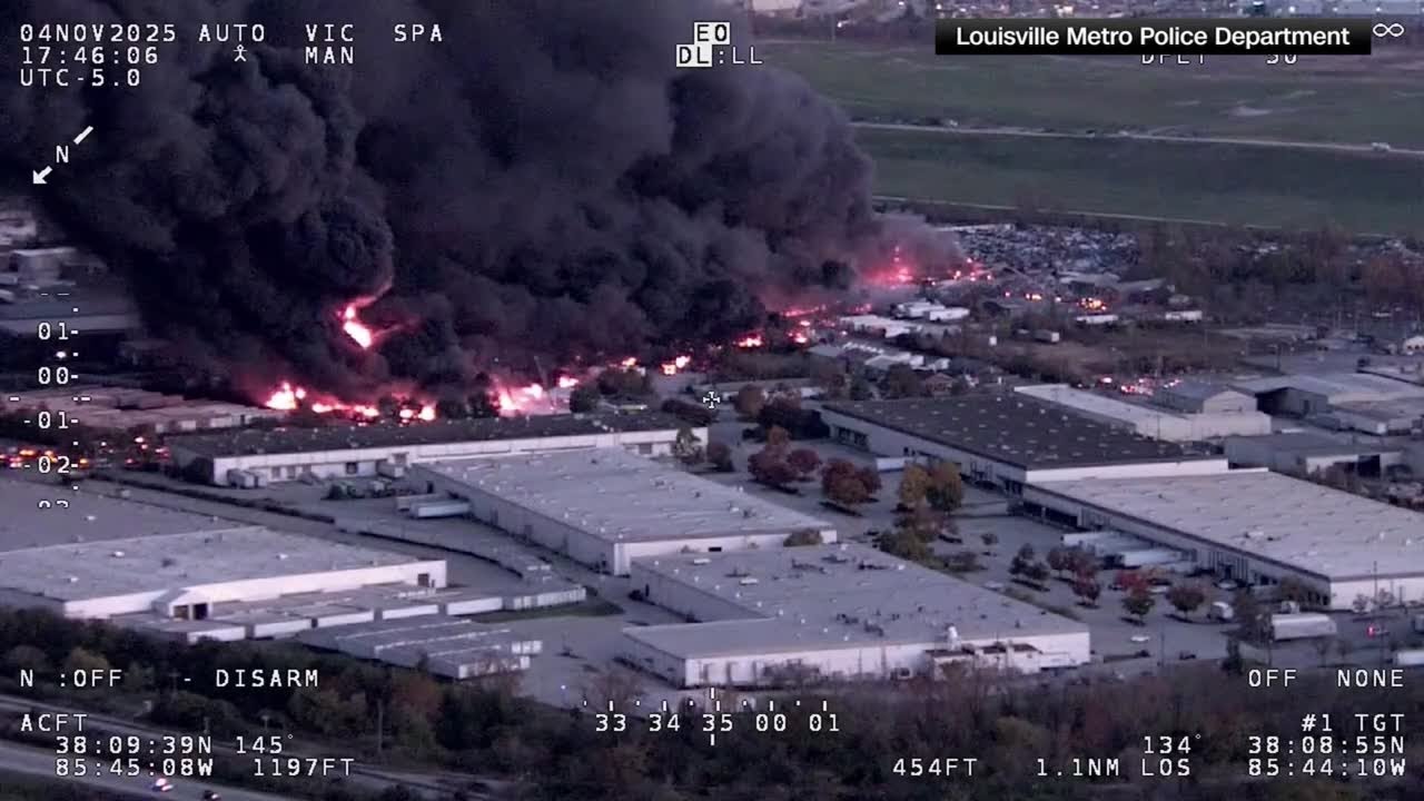 CHOPPER FOOTAGE shows UPS plane crash aftermath in Louisville, Kentucky