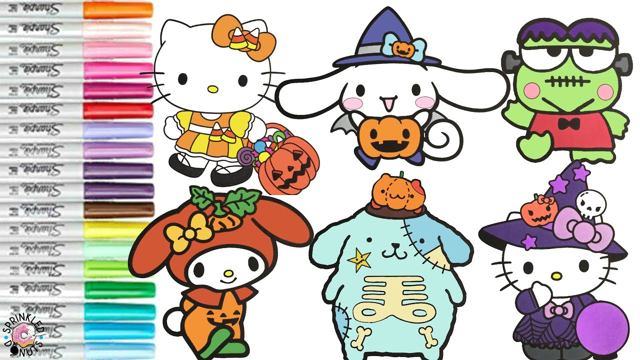 Раскраска Hello Kitty Sanrio на Хэллоуин. Сборник. Моя Мелодия. Куроми. Корица. Помпомпурин.