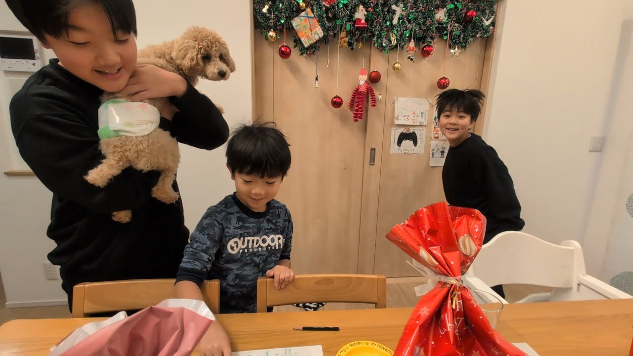 クリスマスの朝  サンタさんからのプレゼントを開封する三兄弟　#2227