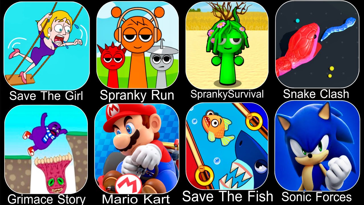 Spranky Run,Spranky Survival,Snake Clash,Grimace Story,Mario Kart Tour,Sonic Forces,Save The Girl