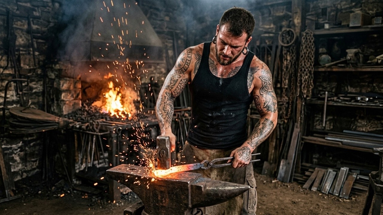 The Tattooed Young man forgets his past: He discovers iron and forges tools with his bare hands