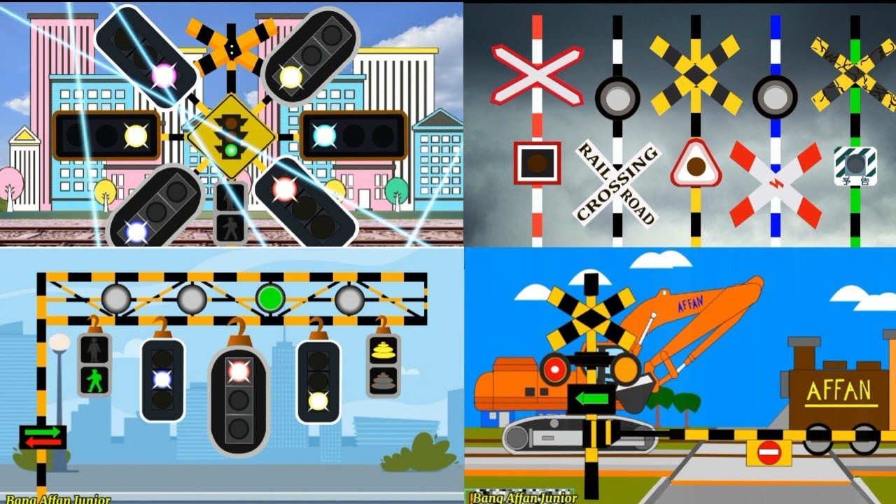 都市郊外の踏切のアニメーションセット, Animated set of railway crossings on the outskirts of the city