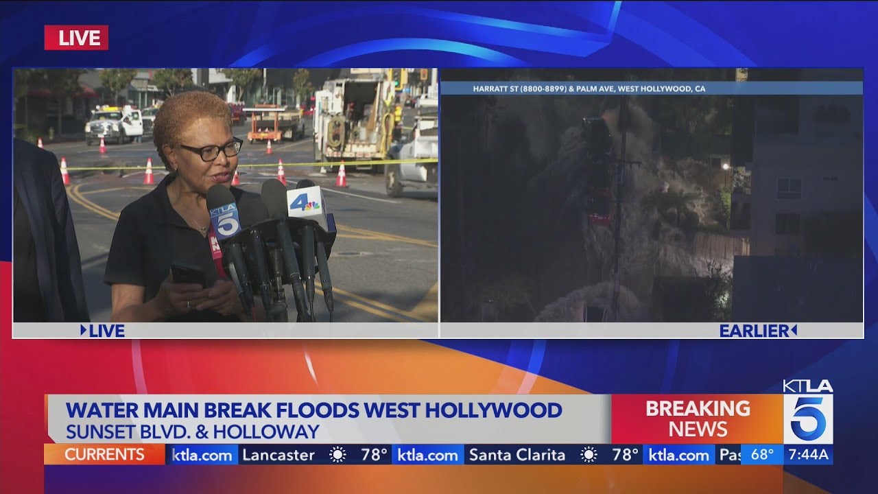 Mayor Karen Bass gives update after massive Sunset Boulevard water main break floods West Hollywood